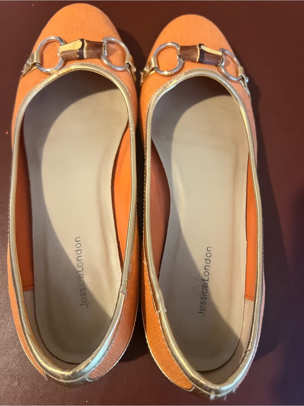 Jessica London Orange Loafer Flats with Gold-Tone Horsebit - Picture 2 of 7